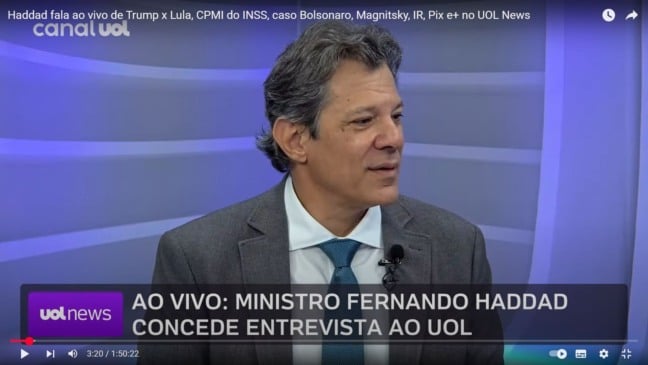 Fernando Haddad, ministro da Fazenda, em entrevista ao site 'UOL' dia 27/8 | Imagem: print de tela Fernando Haddad, ministro da Fazenda, em entrevista ao site 'UOL' dia 27/8 | Imagem: print de tela